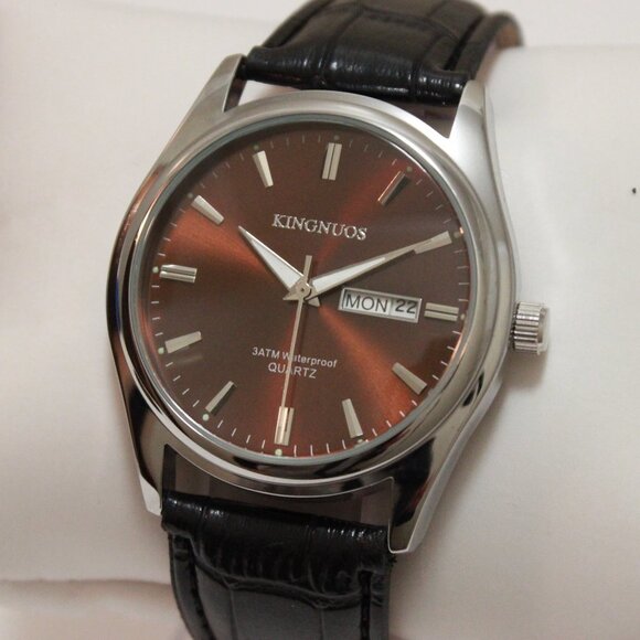 Men's Contemporary Dress Watch Silver Case Black Leather Watch Strap 40mm - Picture 1 of 13